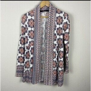 Lila Rose Medallion Print Ivory Knit Open Front Sweater Size Small Long Sleeve